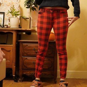 98% Cotton Low to Mid Rise Jeans Faded Red and Black Gingham Print Skinny Fit